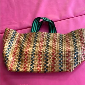 Clare V Bateau Tote Navy & Red Pinstripe Woven checker